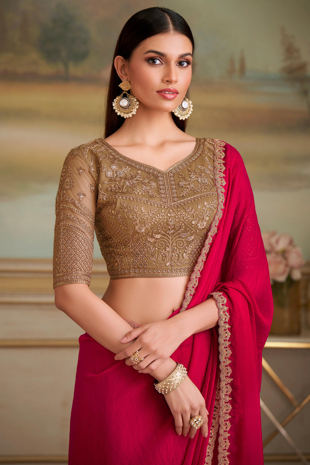 Cherry Red Pure Georgette Silk With Floral Sequins Saree 