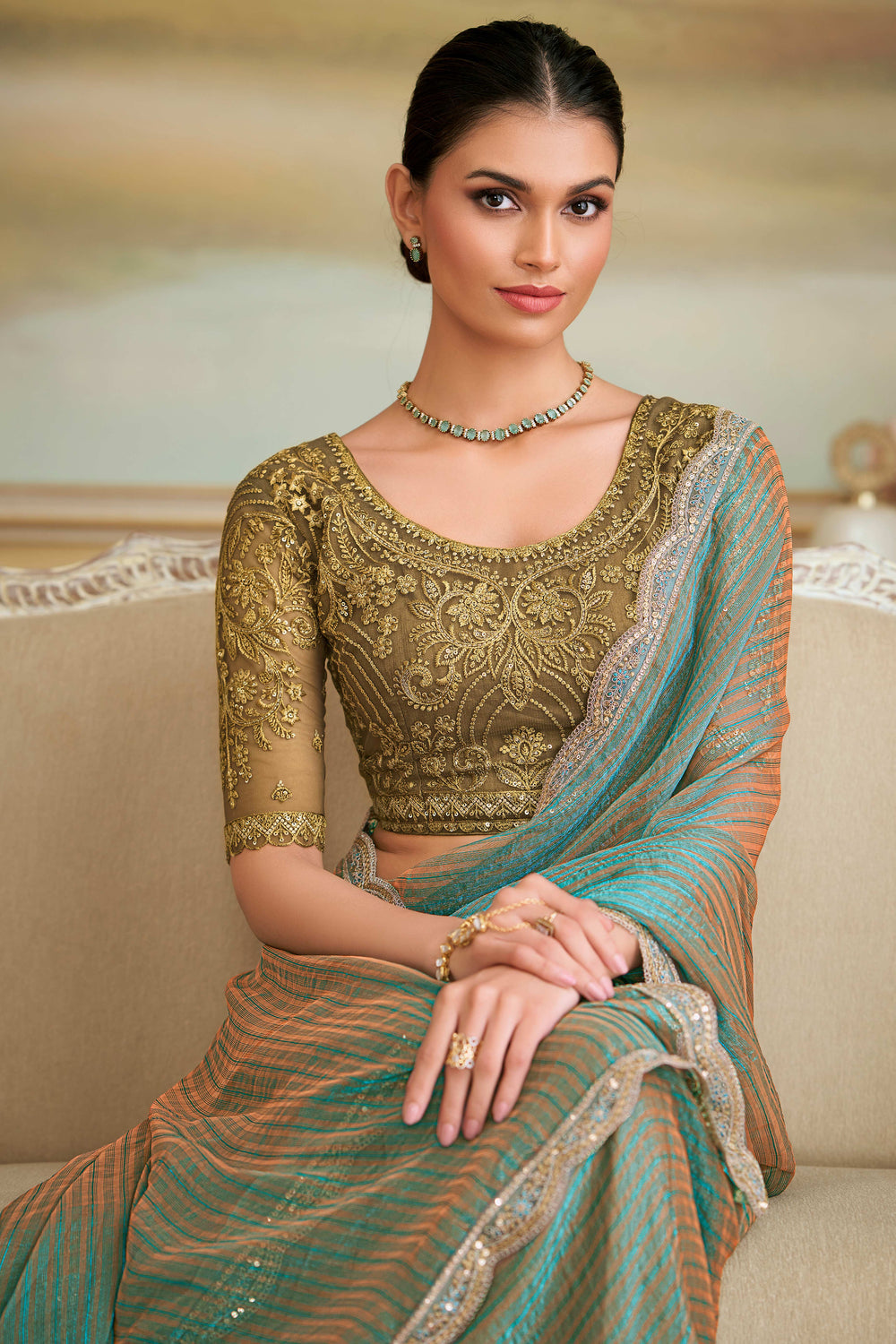 Charming Turquoise Pure Georgette Silk With Floral Sequins Saree 