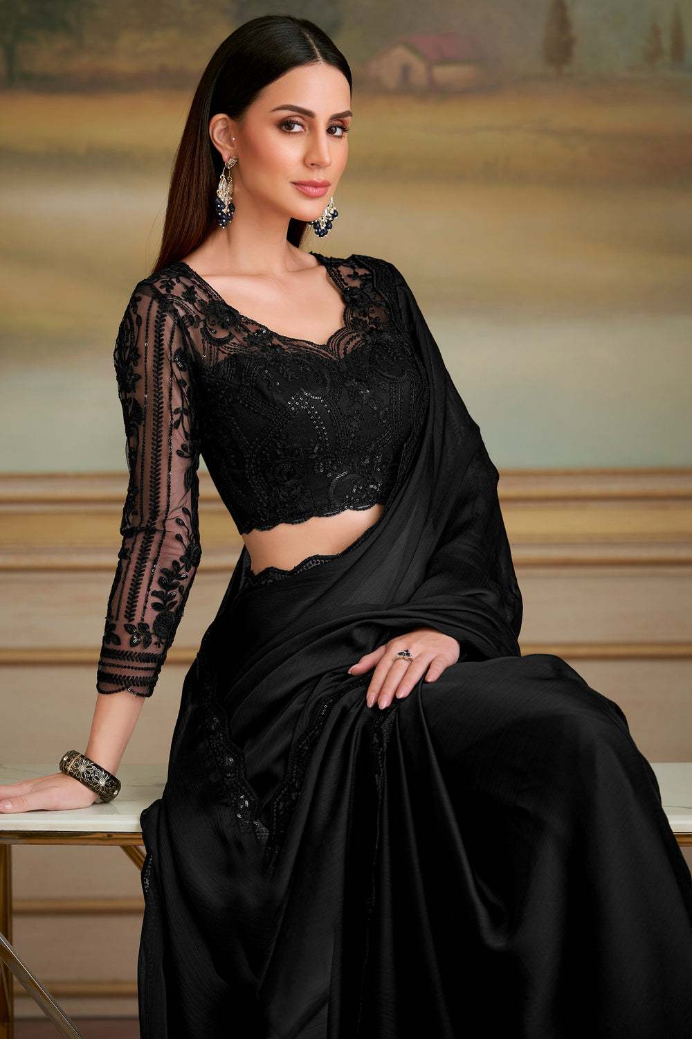 Black Pure Georgette Silk With Floral Sequins Saree ##color## Georgette Saree with premium fabric and embroidery