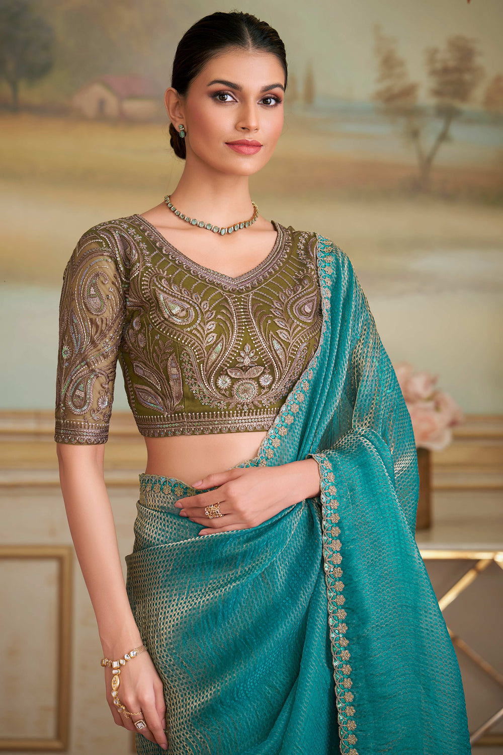 Golden Blue Pure Georgette Silk With Floral Sequins Saree ##color## Georgette Saree with premium fabric and embroidery