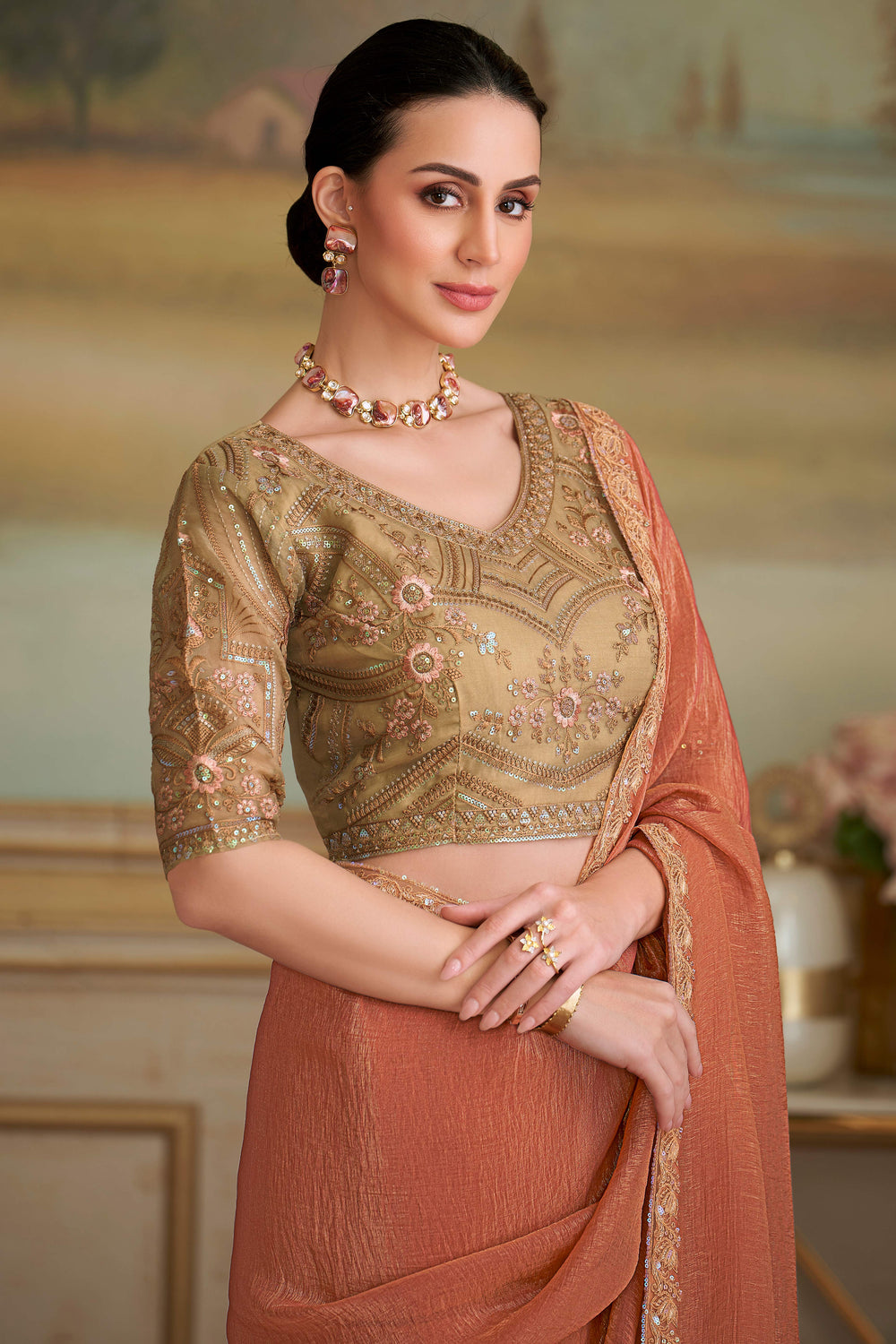 Orange Pure Georgette Silk With Floral Sequins Saree ##color## Georgette Saree with premium fabric and embroidery