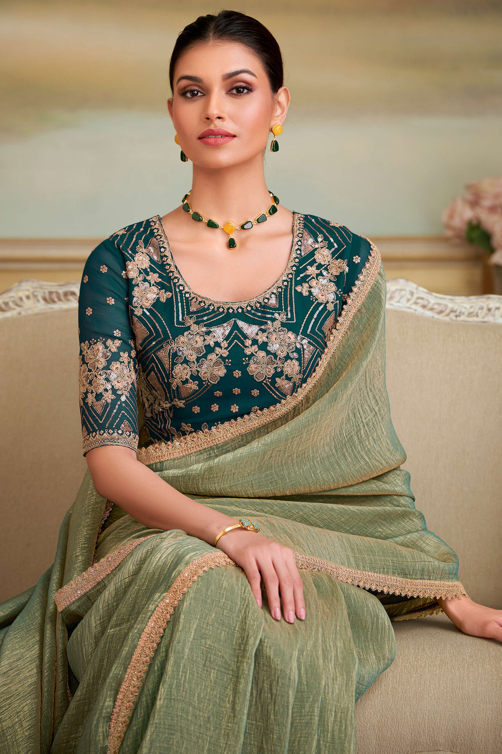Pista Green Pure Georgette Silk With Floral Sequins Saree 