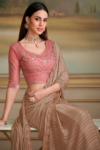 Chikoo Pure Georgette Silk With Floral Sequins Saree 