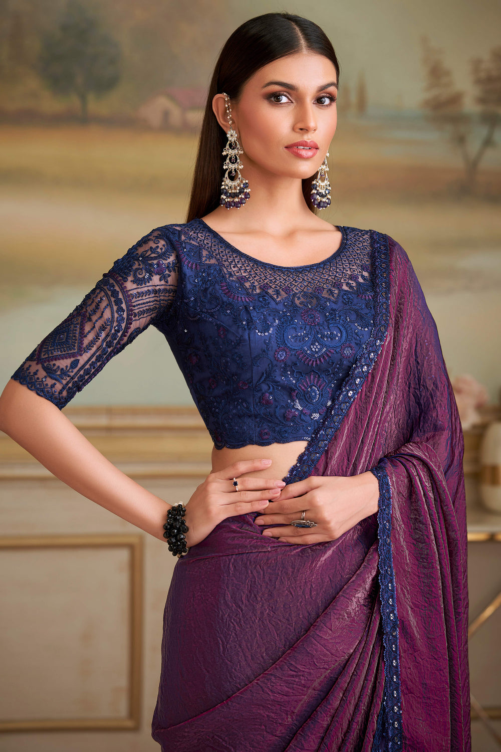 Wine Pure Georgette Silk With Floral Sequins Saree 