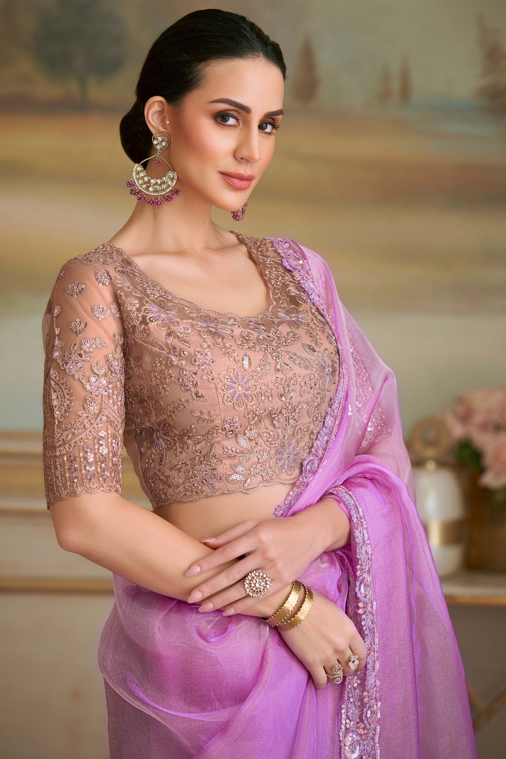Magenta Pure Georgette Silk With Floral Sequins Saree 