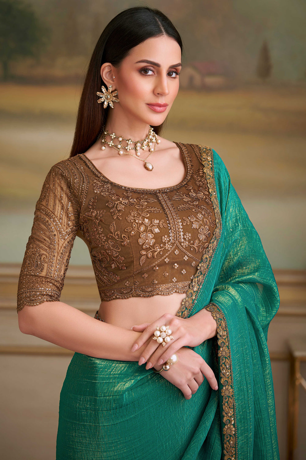 Sea Green Pure Georgette Silk With Floral Sequins Saree ##color## Georgette Saree with premium fabric and embroidery