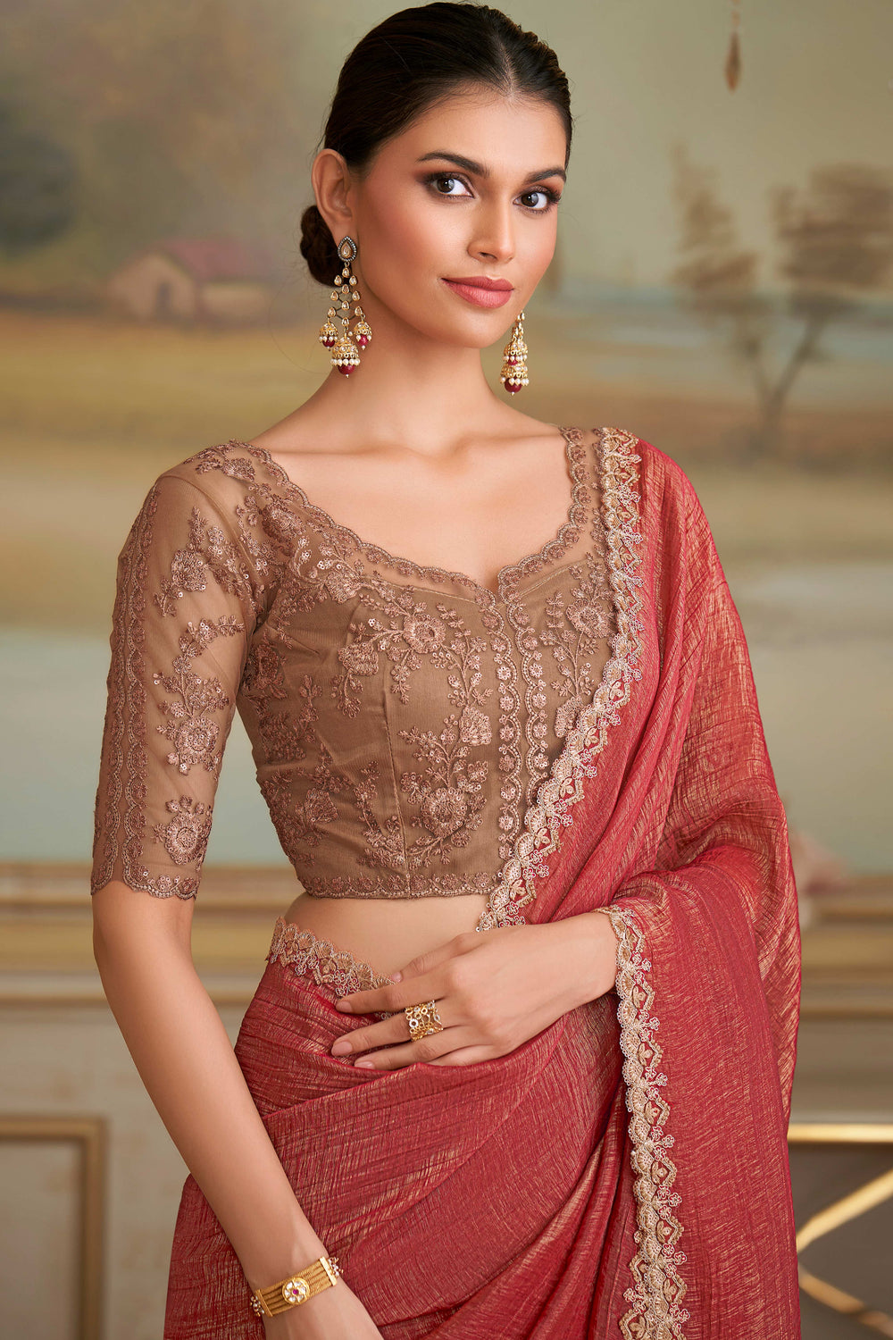 Brick Red Pure Georgette Silk With Floral Sequins Saree 