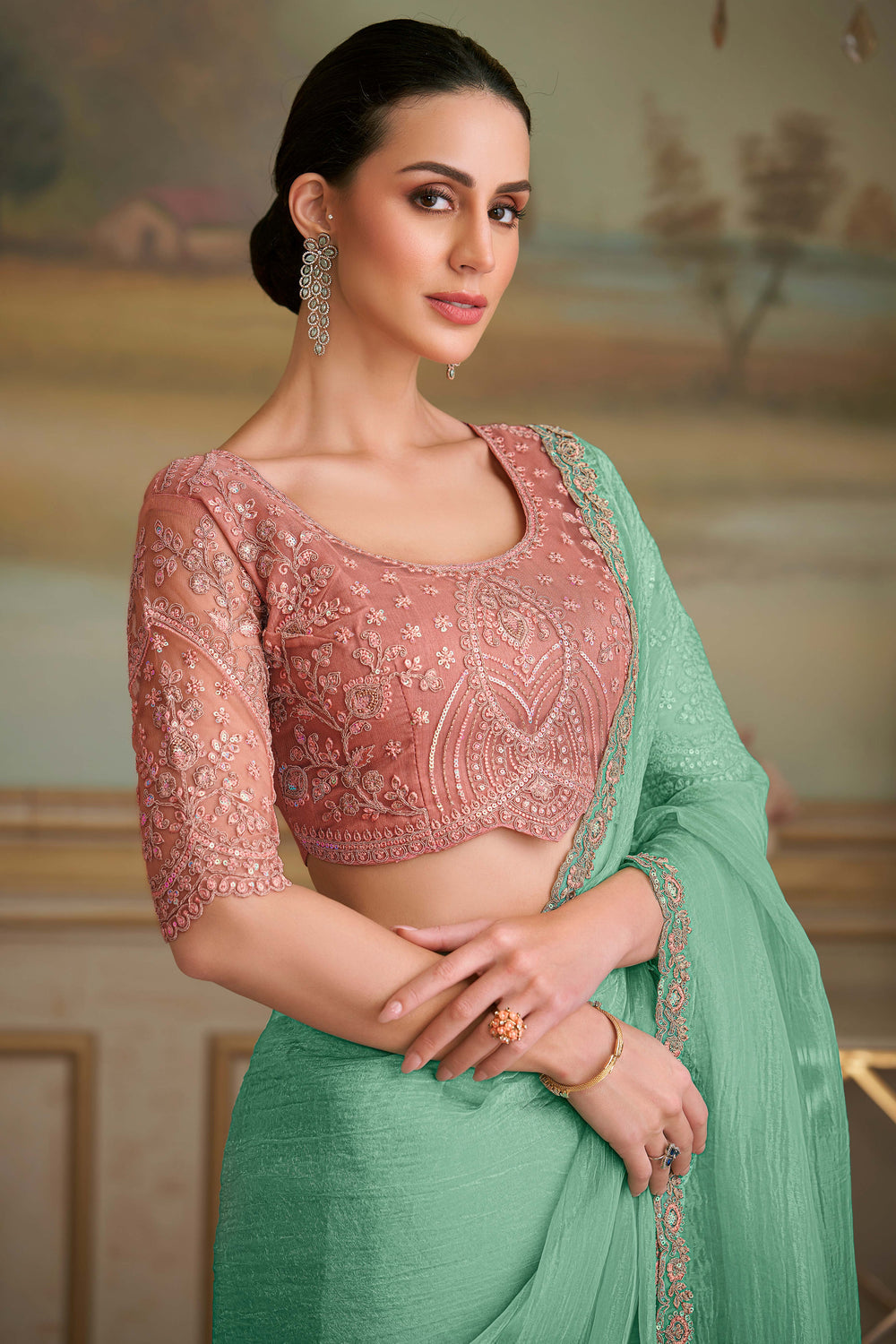 Sea Green Pure Georgette Silk With Floral Sequins Saree 