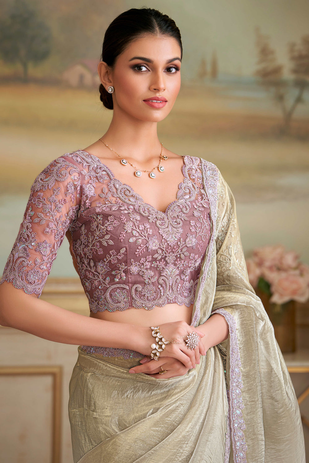 Beige Pure Georgette Silk With Floral Sequins Saree 