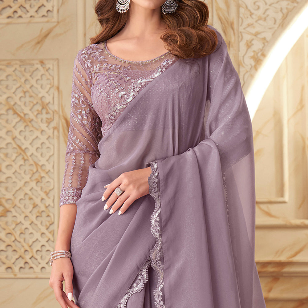 Lavender Pure Georgette Burberry Silk With Floral Sequins Saree 