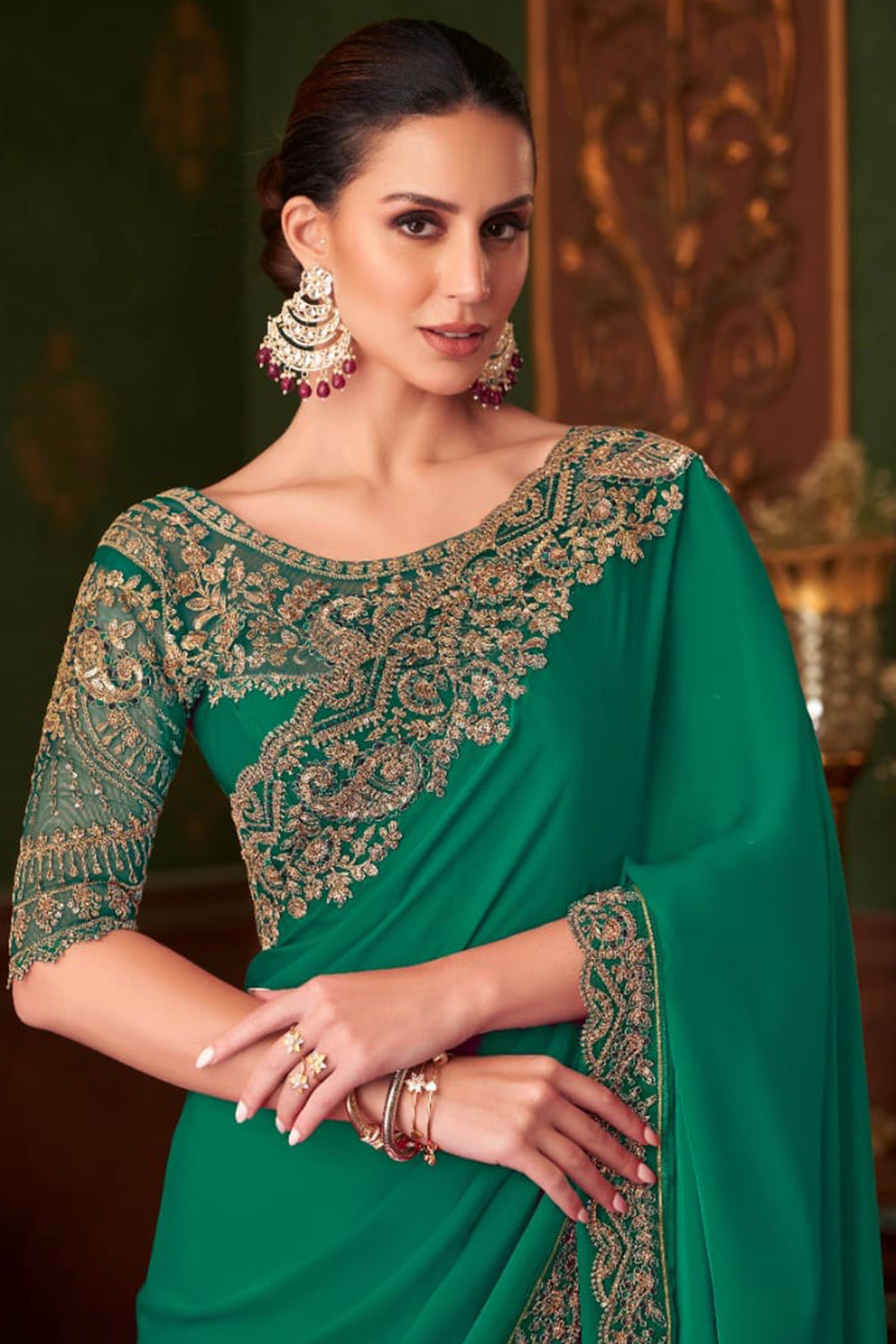 Green Pure Georgette Satin Silk With Floral Sequins Saree 