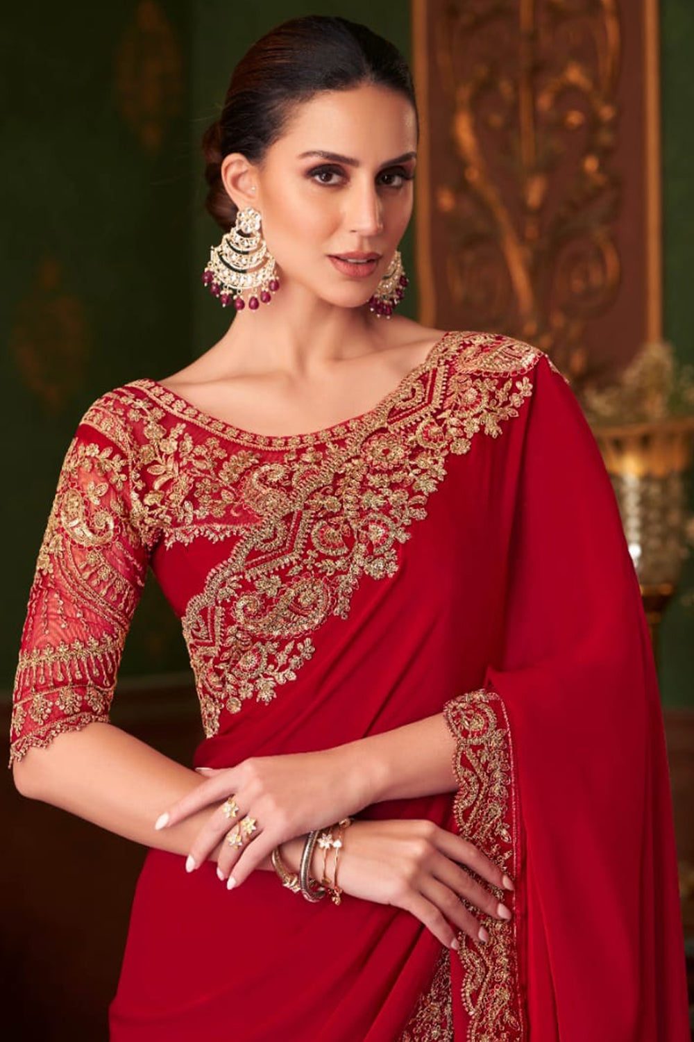 Red Pure Georgette Satin Silk With Floral Sequins Saree 