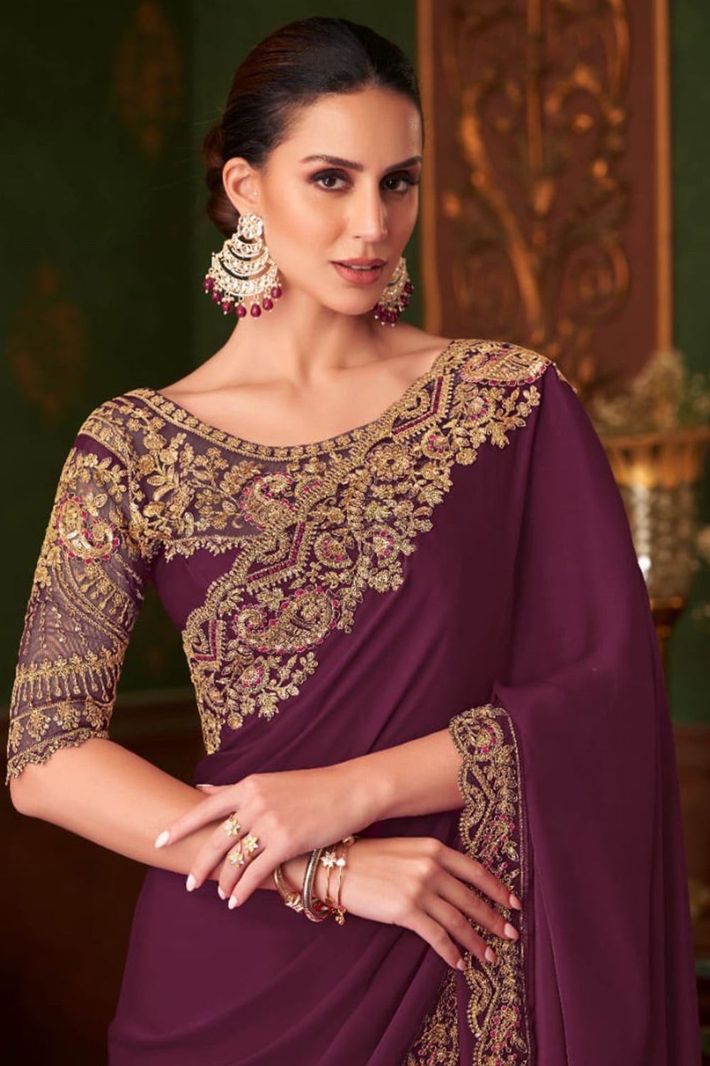 Wine Pure Georgette Satin Silk With Floral Sequins Saree ##color## Georgette Saree with premium fabric and embroidery