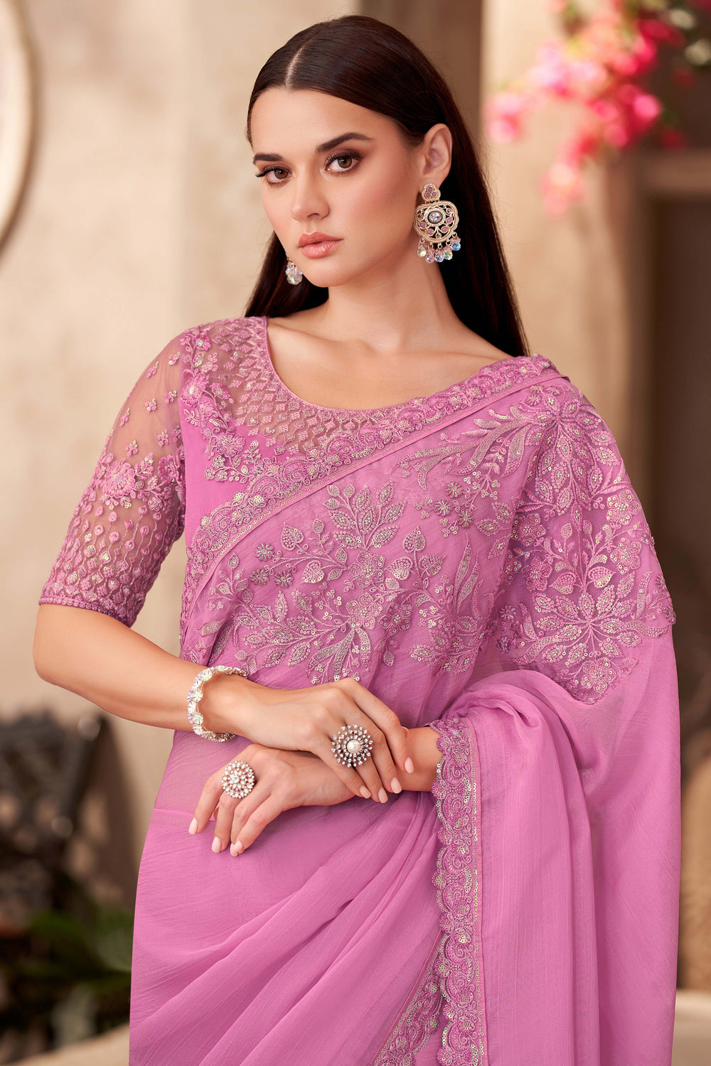 Pink Pure Georgette Chiffon With Embroidery Sequins Saree 