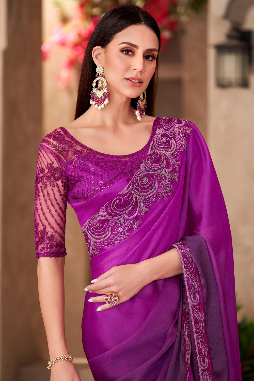Magenta Pure Georgette Chiffon With Embroidery Sequins Saree 
