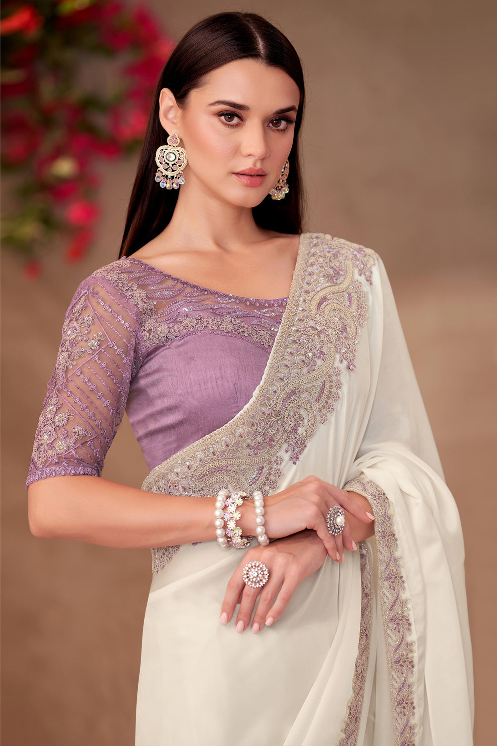 White Pure Georgette Chiffon With Embroidery Sequins Saree 