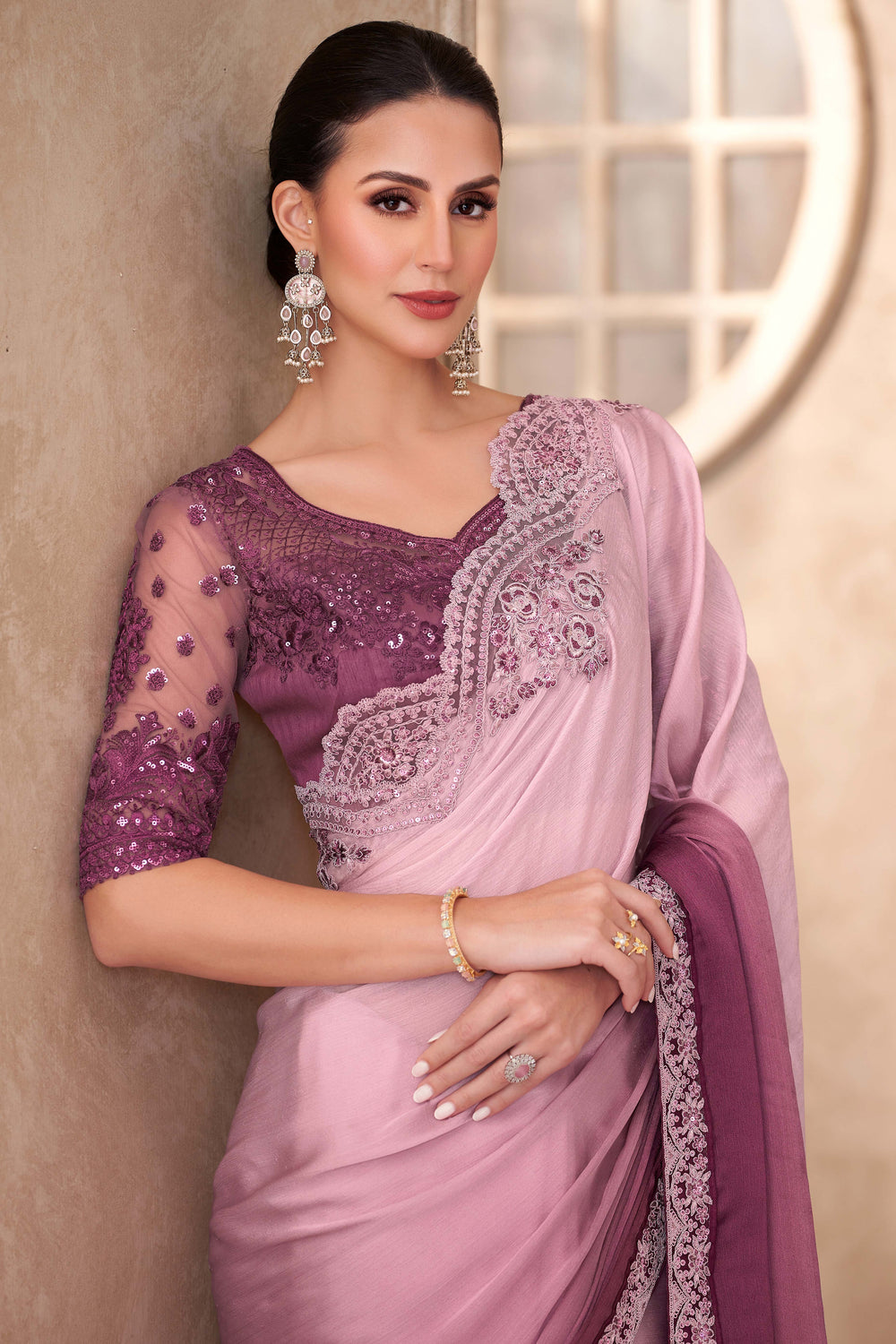 Pink &amp; Wine Pure Georgette Chiffon With Embroidery Sequins Saree 