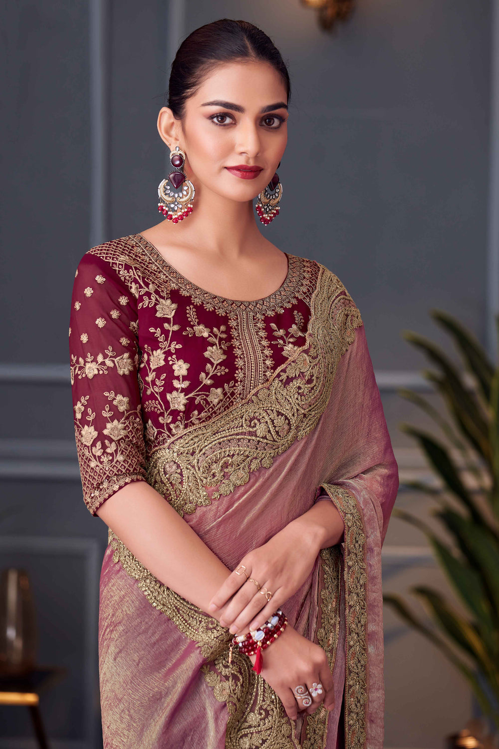 Mauve Pure Georgette Chiffon With Embroidery Sequins Saree ##color## Georgette Saree with premium fabric and embroidery