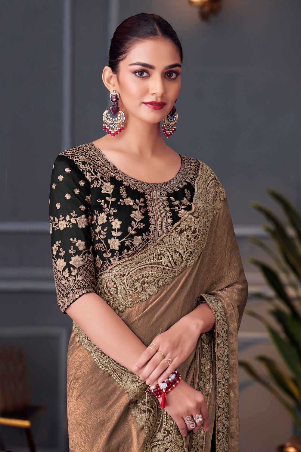 Brown Pure Georgette Chiffon With Embroidery Sequins Saree 