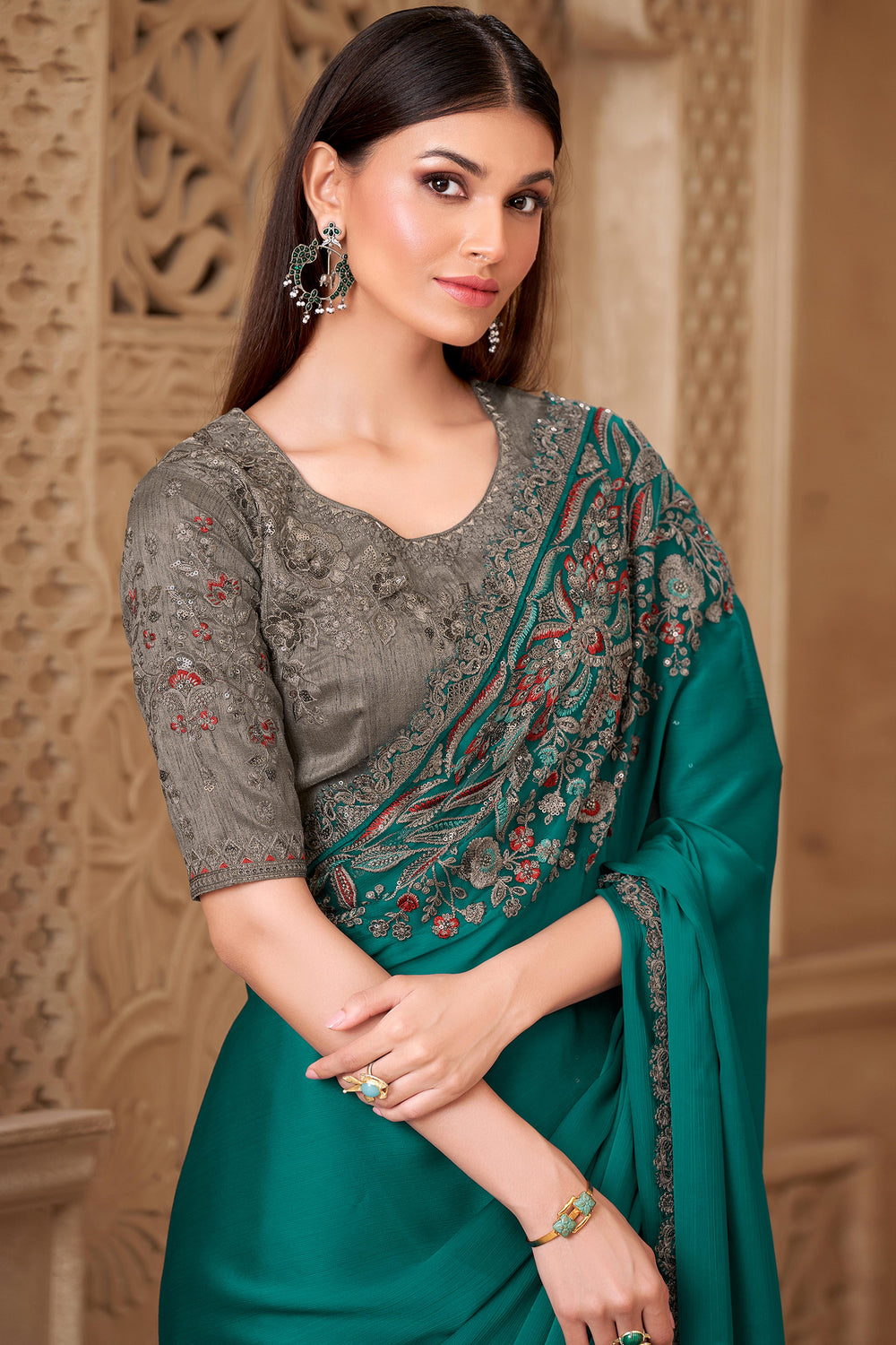 Rama Green Pure Soft Satin Elegant Embroidered Work Satin Saree 