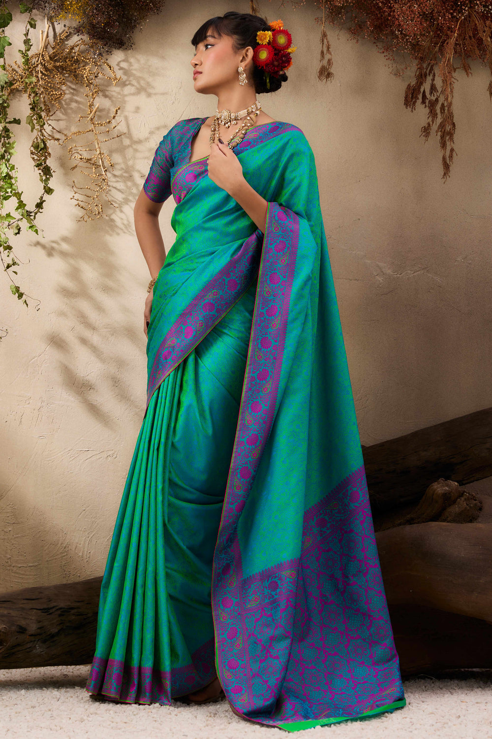 Turquoise Pure Silk Kanjivaram Handloom Banarasi Saree ##color## Patola Saree with premium fabric and embroidery