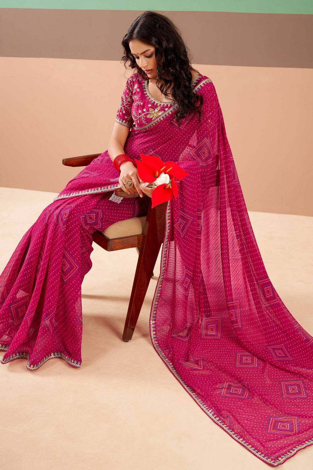 Pink Pure Georgette Chiffon Bandhani Print Saree