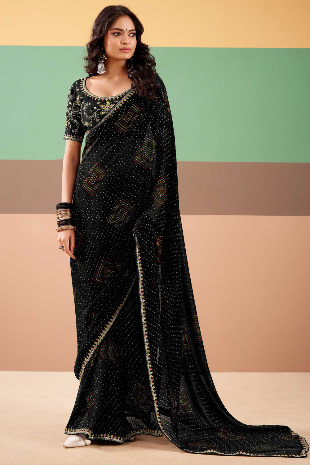 Black Pure Georgette Chiffon Bandhani Print Saree ##color## Georgette Saree with premium fabric and embroidery