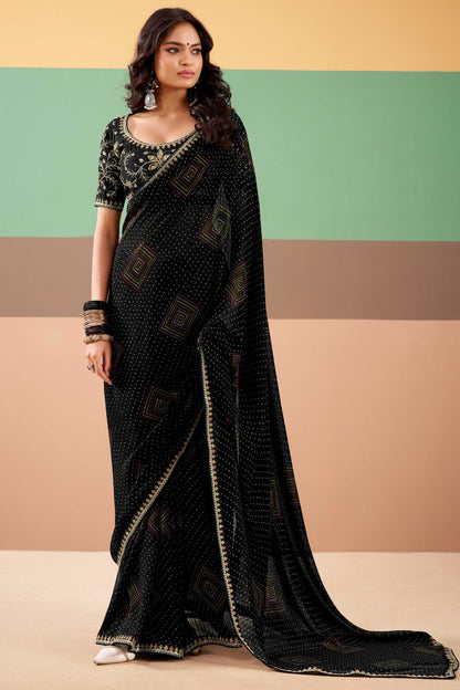 Black Pure Georgette Chiffon Bandhani Print Saree 