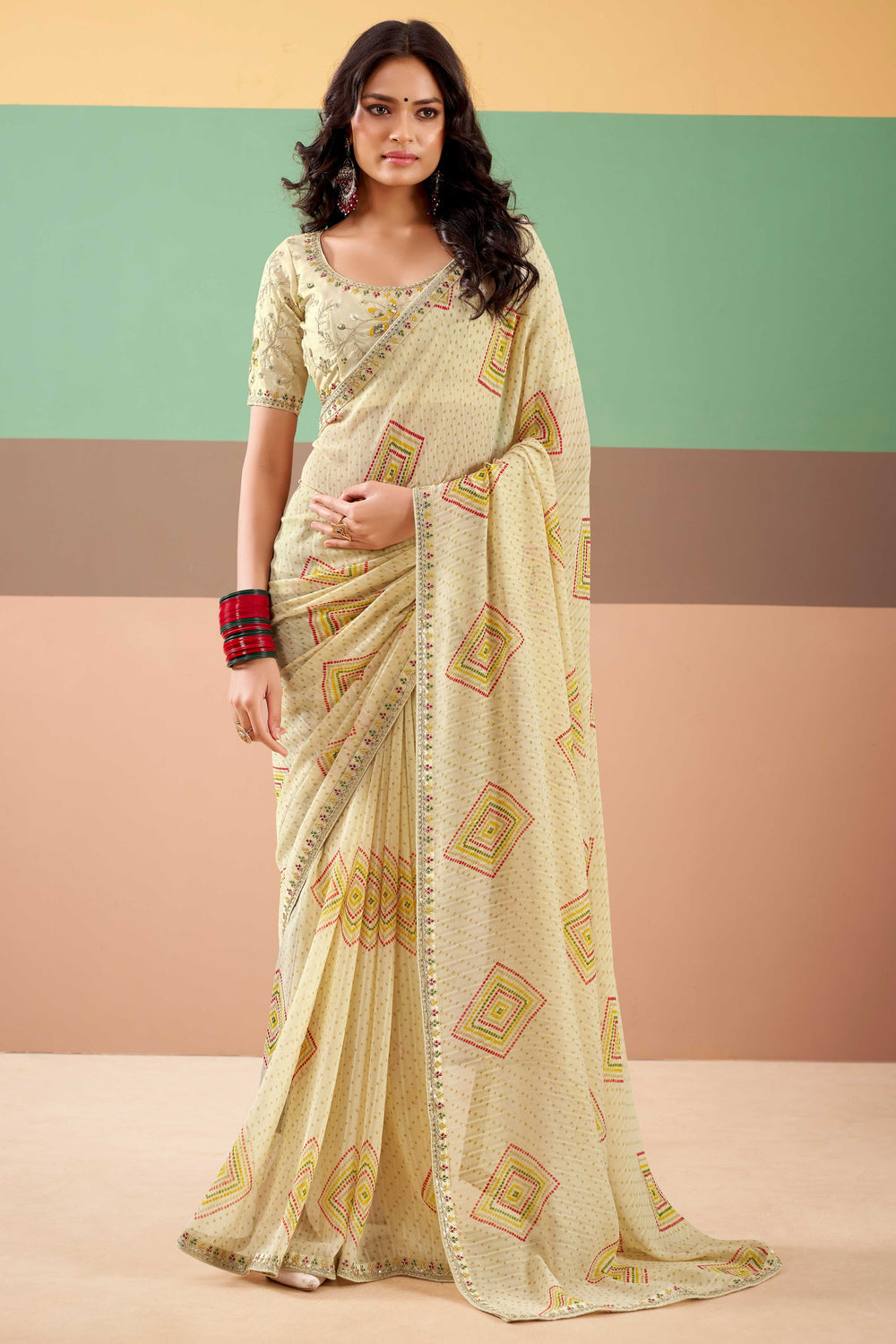 Cream Pure Georgette Chiffon Bandhani Print Saree 