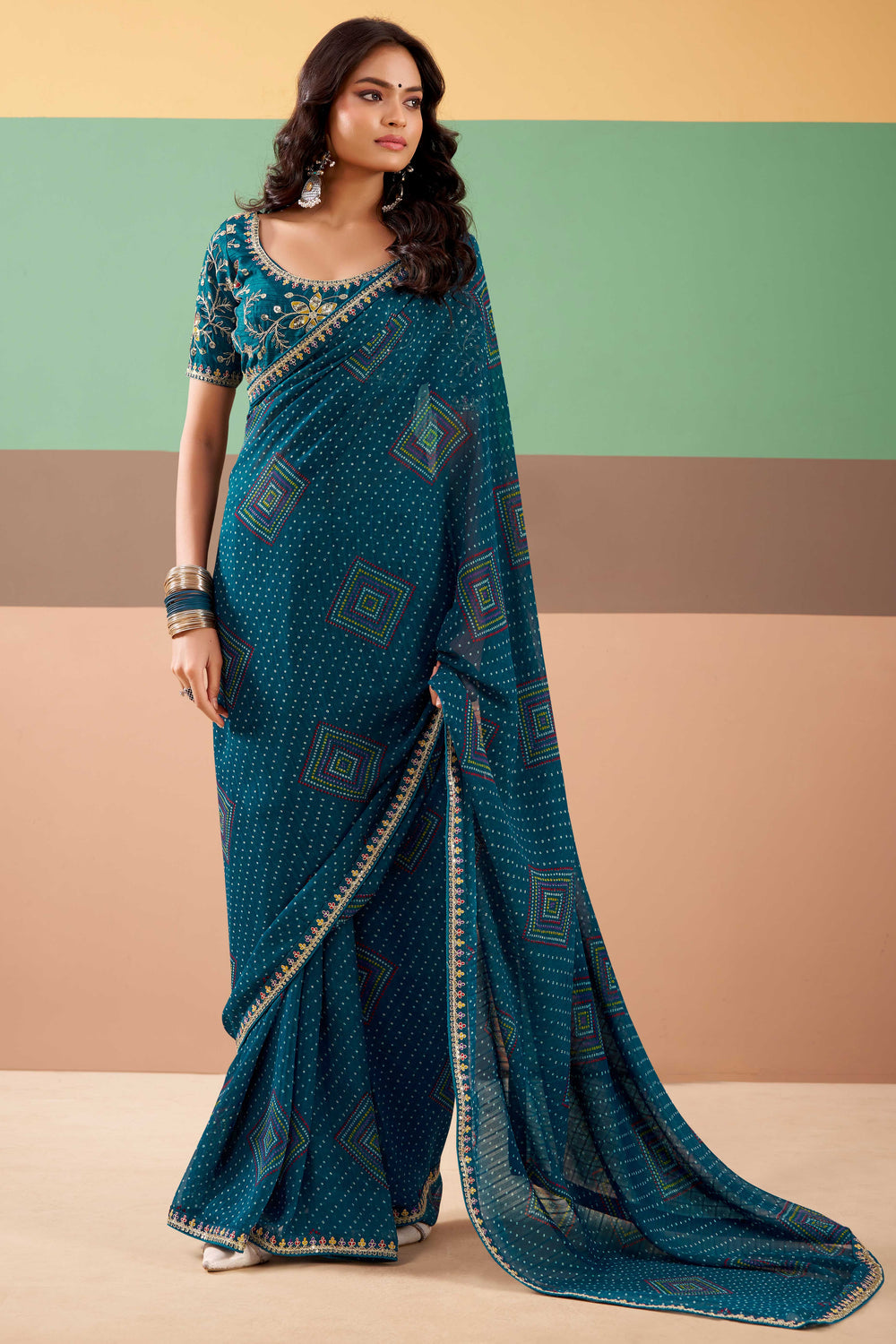 Teal Pure Georgette Chiffon Bandhani Print Saree ##color## Georgette Saree with premium fabric and embroidery