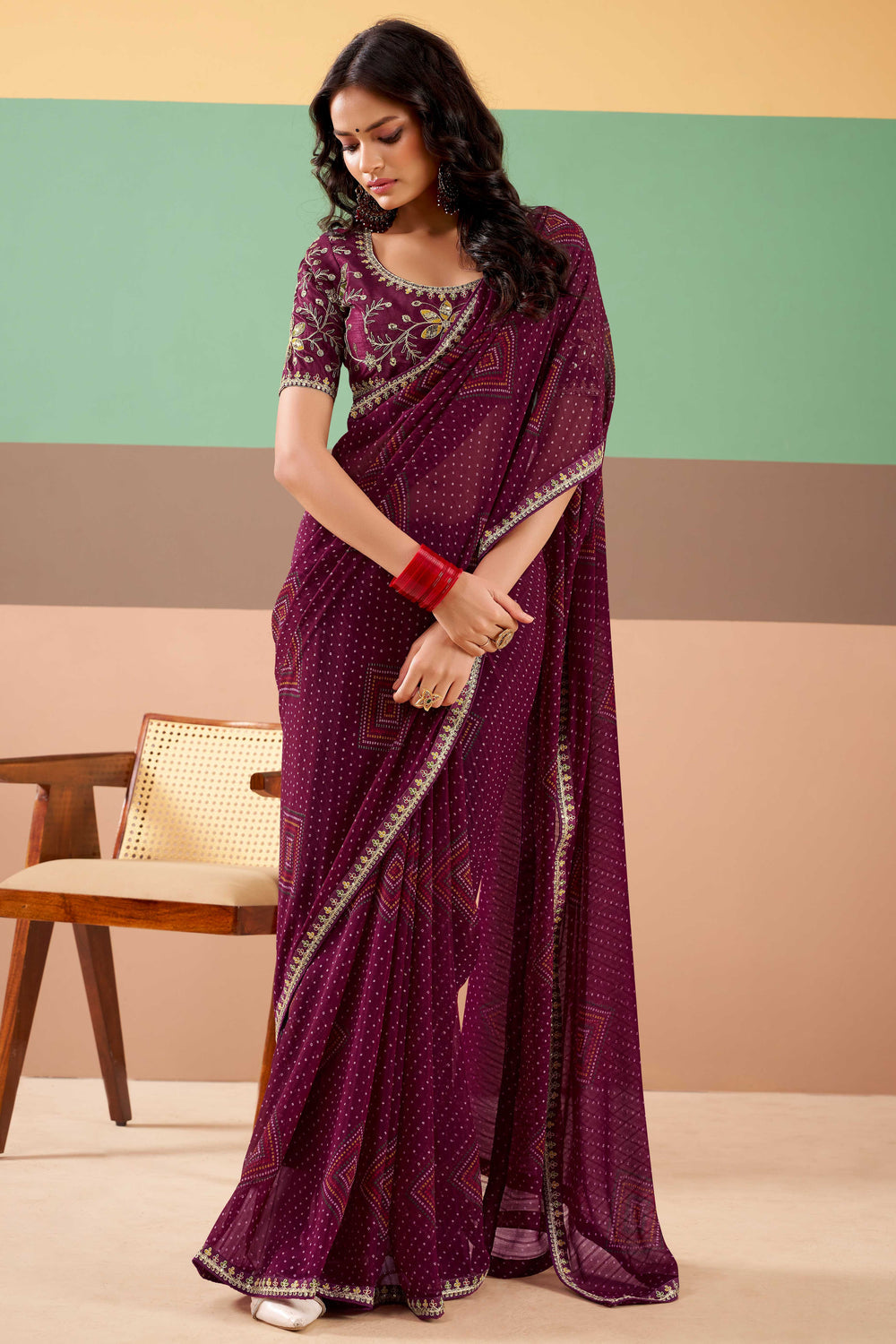Wine Pure Georgette Chiffon Bandhani Print Saree