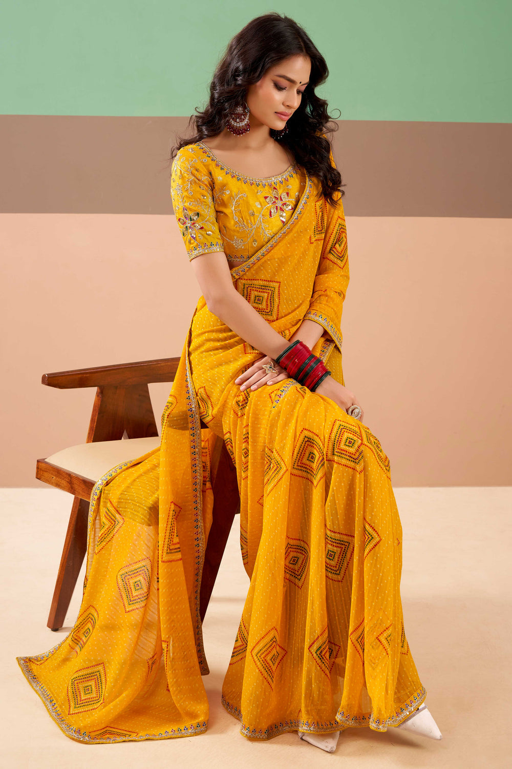 Mustard Pure Georgette Chiffon Bandhani Print Saree ##color## Georgette Saree with premium fabric and embroidery