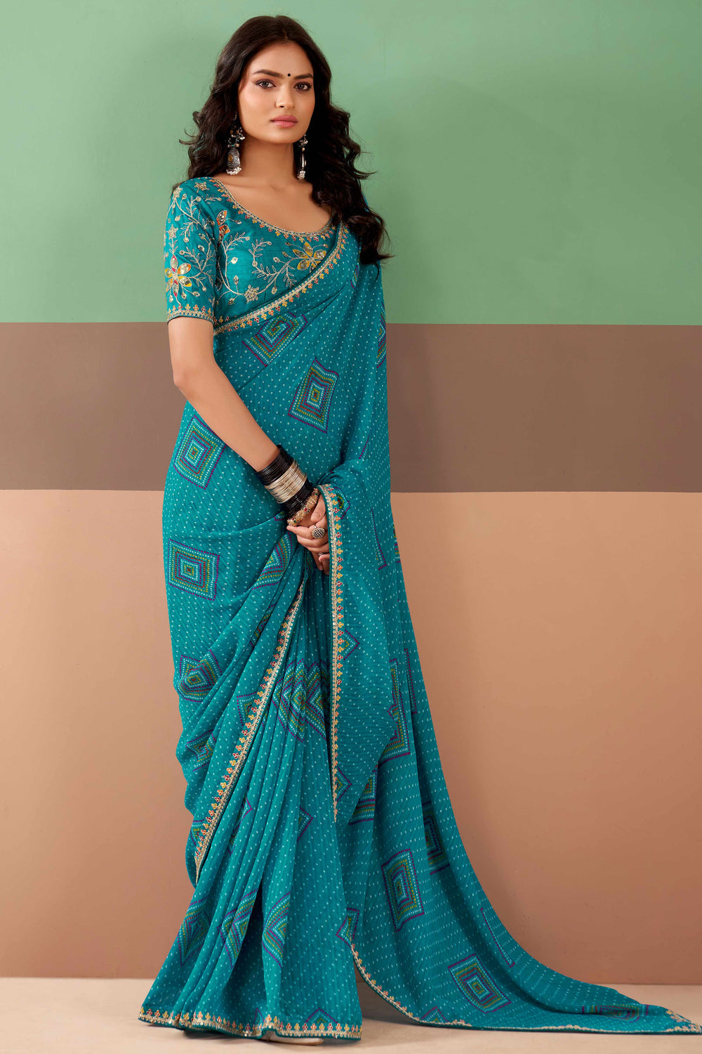 Blue Pure Georgette Chiffon Bandhani Print Saree