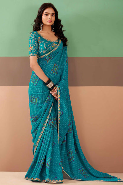 Blue Pure Georgette Chiffon Bandhani Print Saree 
