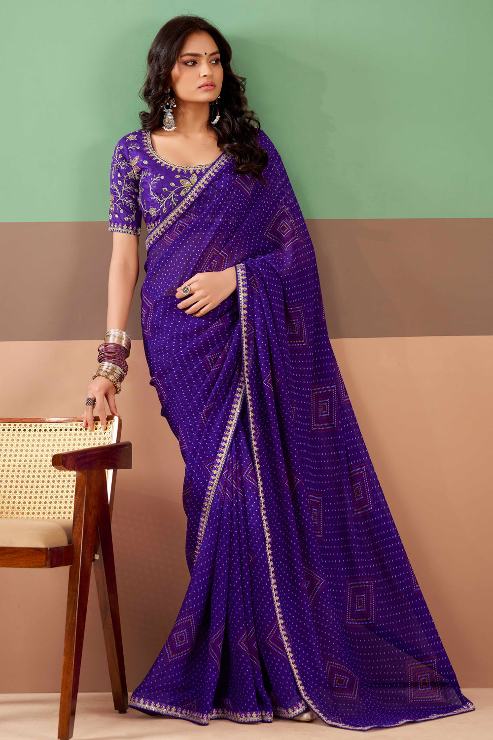 Purple Pure Georgette Chiffon Bandhani Print Saree 