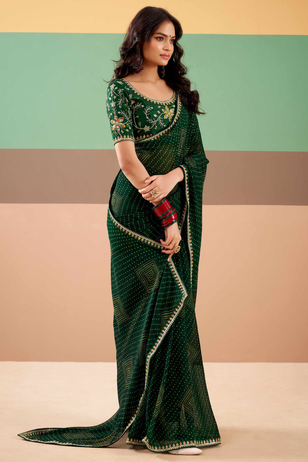 Bottle Green Pure Georgette Chiffon Bandhani Print Saree