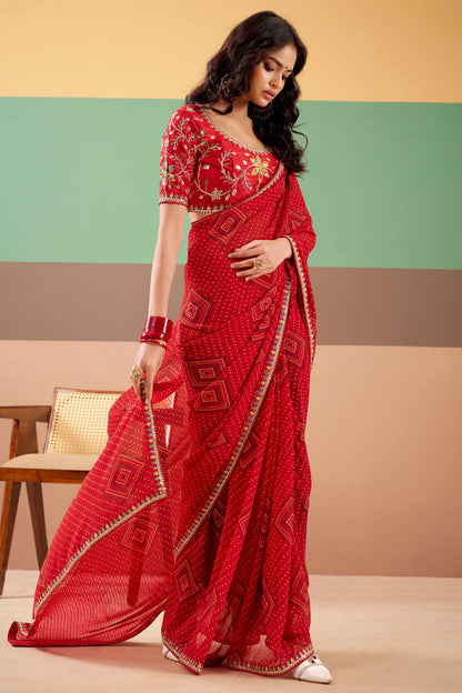 Red Pure Georgette Chiffon Bandhani Print Saree 