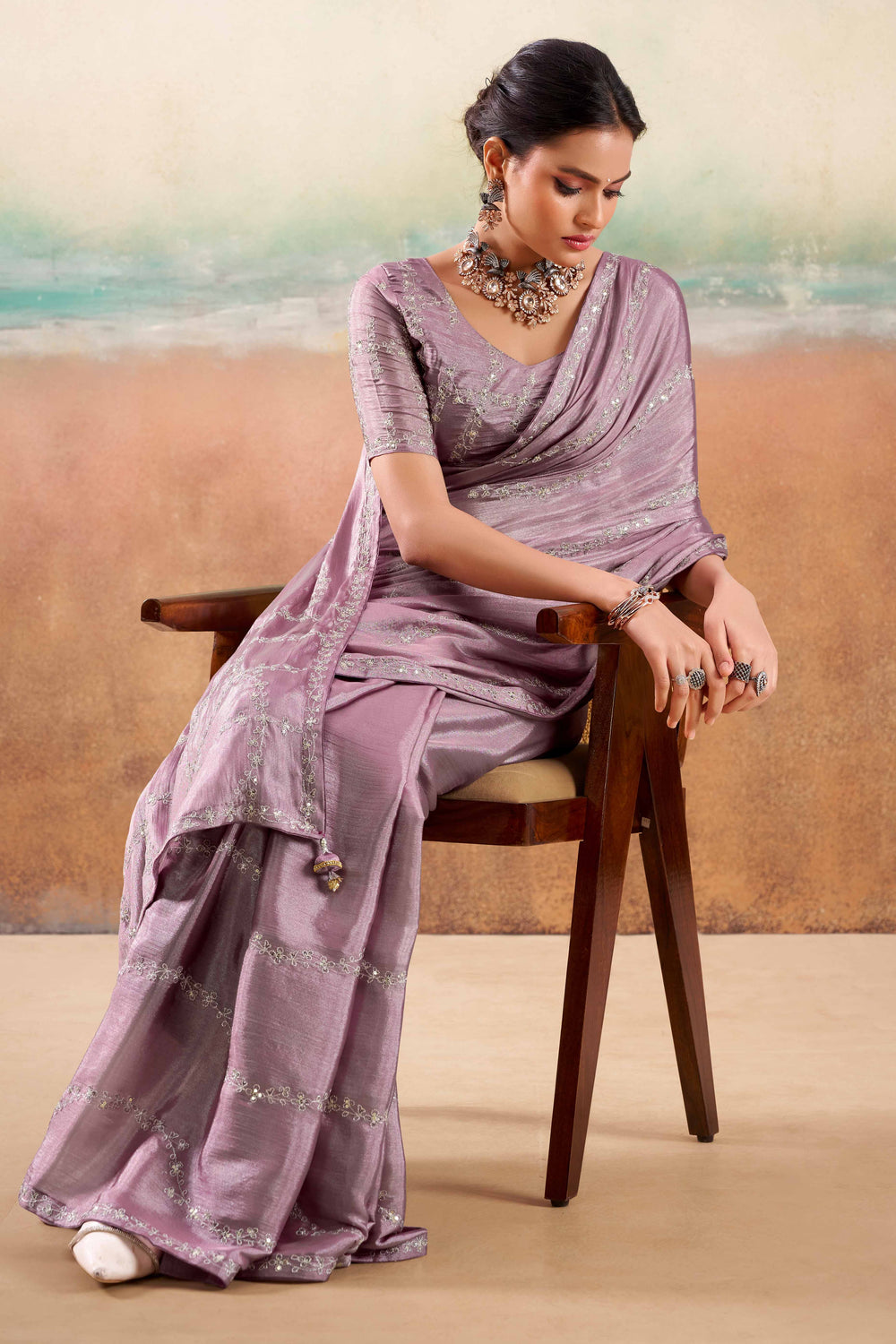 Dusty Purple Two Tone Chiffon Saree ##color## Chiffon Sarees with premium fabric and embroidery