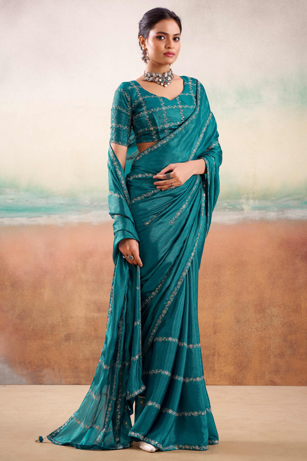 Teal Two Tone Chiffon Saree ##color## Chiffon Sarees with premium fabric and embroidery