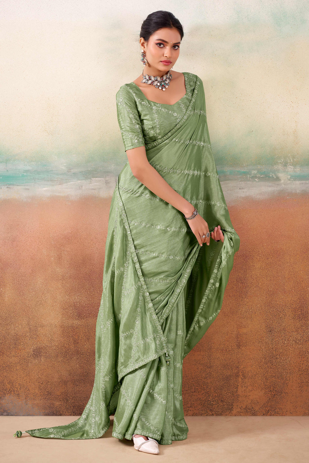 Green Two Tone Chiffon Saree 