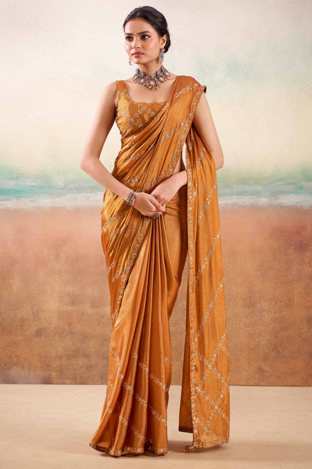 Burnt Orange Two Tone Chiffon Saree 