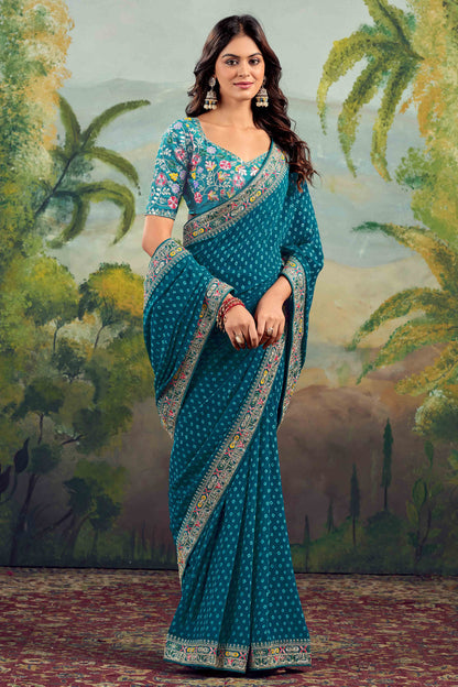 Teal Bandhani Printed Georgette Saree With Embroidered Border 