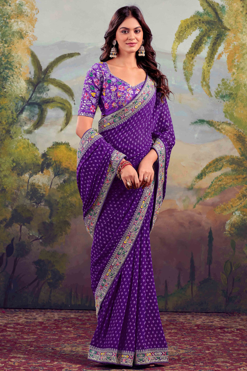Purple Bandhani Printed Georgette Saree With Embroidered Border 