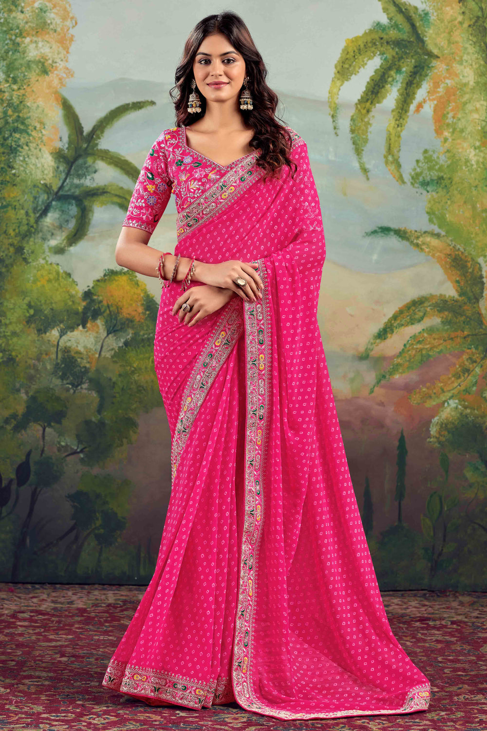 Pink Bandhani Printed Georgette Saree With Embroidered Border 