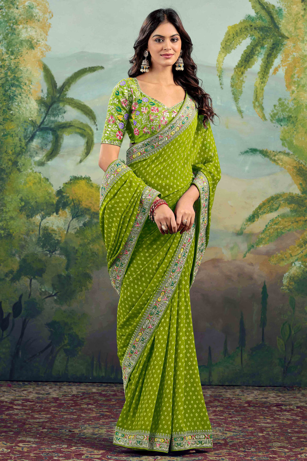 Green Bandhani Printed Georgette Saree With Embroidered Border ##color## Georgette Saree with premium fabric and embroidery