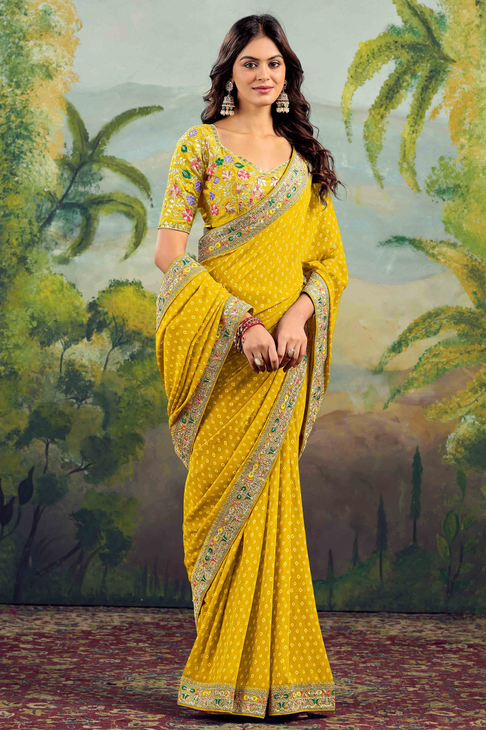 Mustard Bandhani Printed Georgette Saree With Embroidered Border 