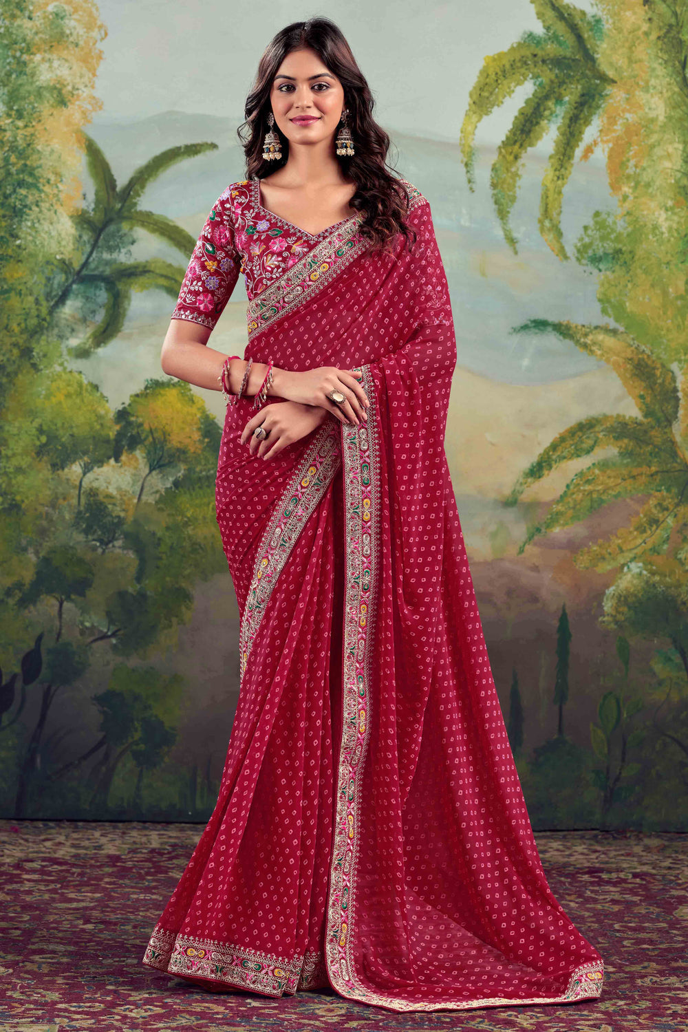 Maroon Bandhani Printed Georgette Saree With Embroidered Border ##color## Georgette Saree with premium fabric and embroidery