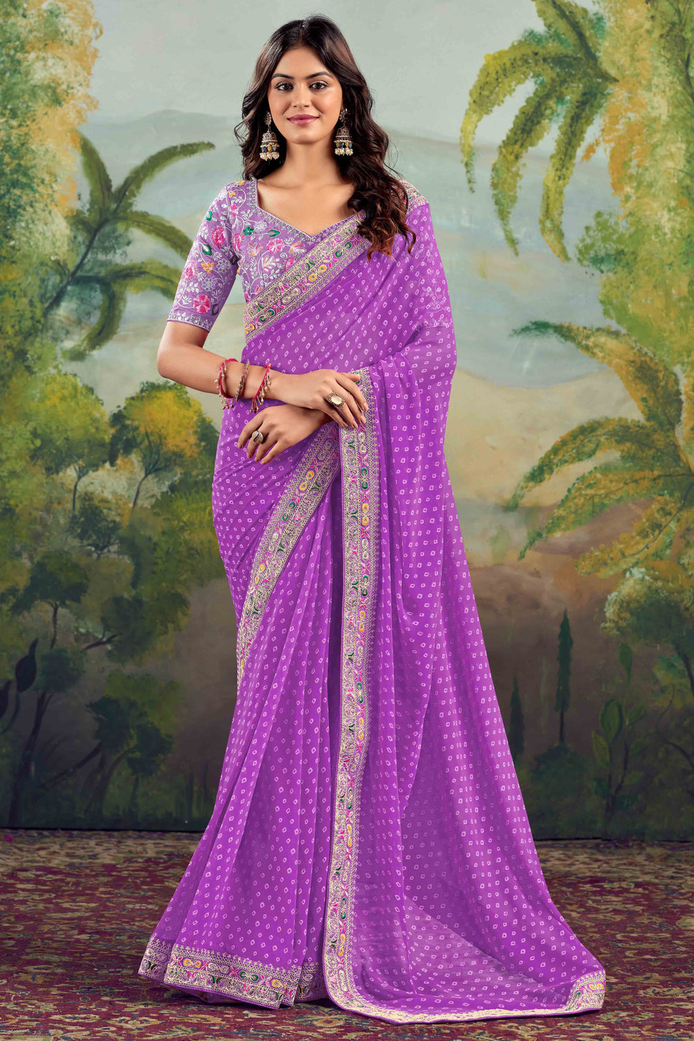 Lavender Bandhani Printed Georgette Saree With Embroidered Border ##color## Georgette Saree with premium fabric and embroidery