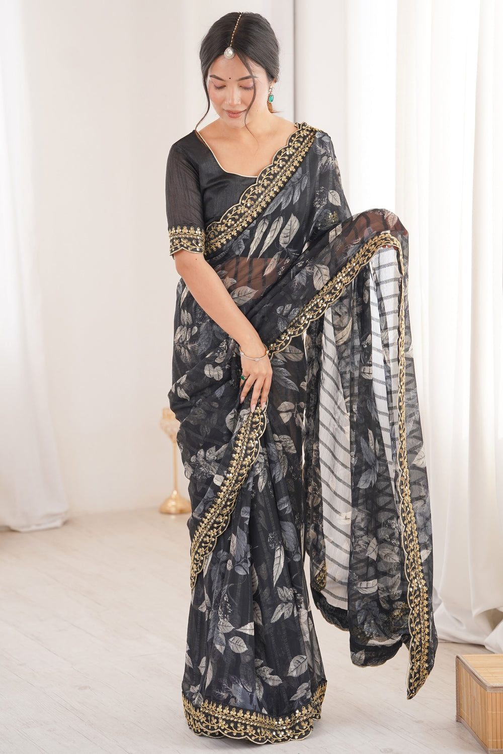 Black Pure Georgette Floral Print Sequins Saree 