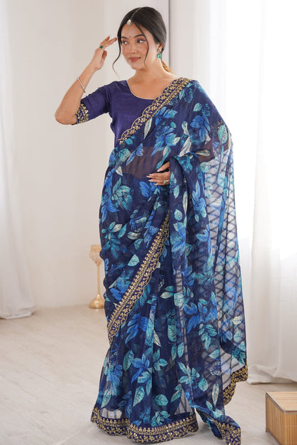 Blue Pure Georgette Floral Print Sequins Saree 